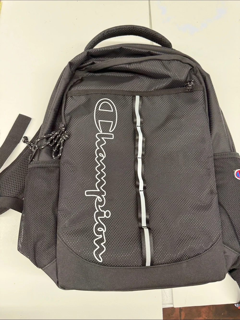NEW Champion Black Mesh Backpack with Reflective Trim